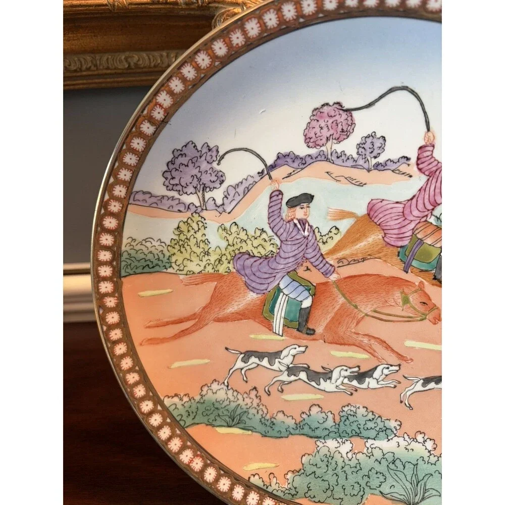 Vintage Chinese Porcelain Plate Equestrian Fox Hunt Scene Hand Painted 10